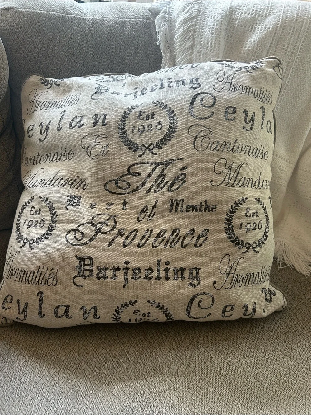 Neutral Script Print Decorative Throw Pillow - Beige and Black Tea Names Boho